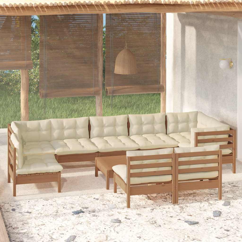 Σαλόνι Κήπου Σετ 10 Τεμαχίων Καφέ Μελί Ξύλο Πεύκου με Μαξιλάρια - Pakobazaar