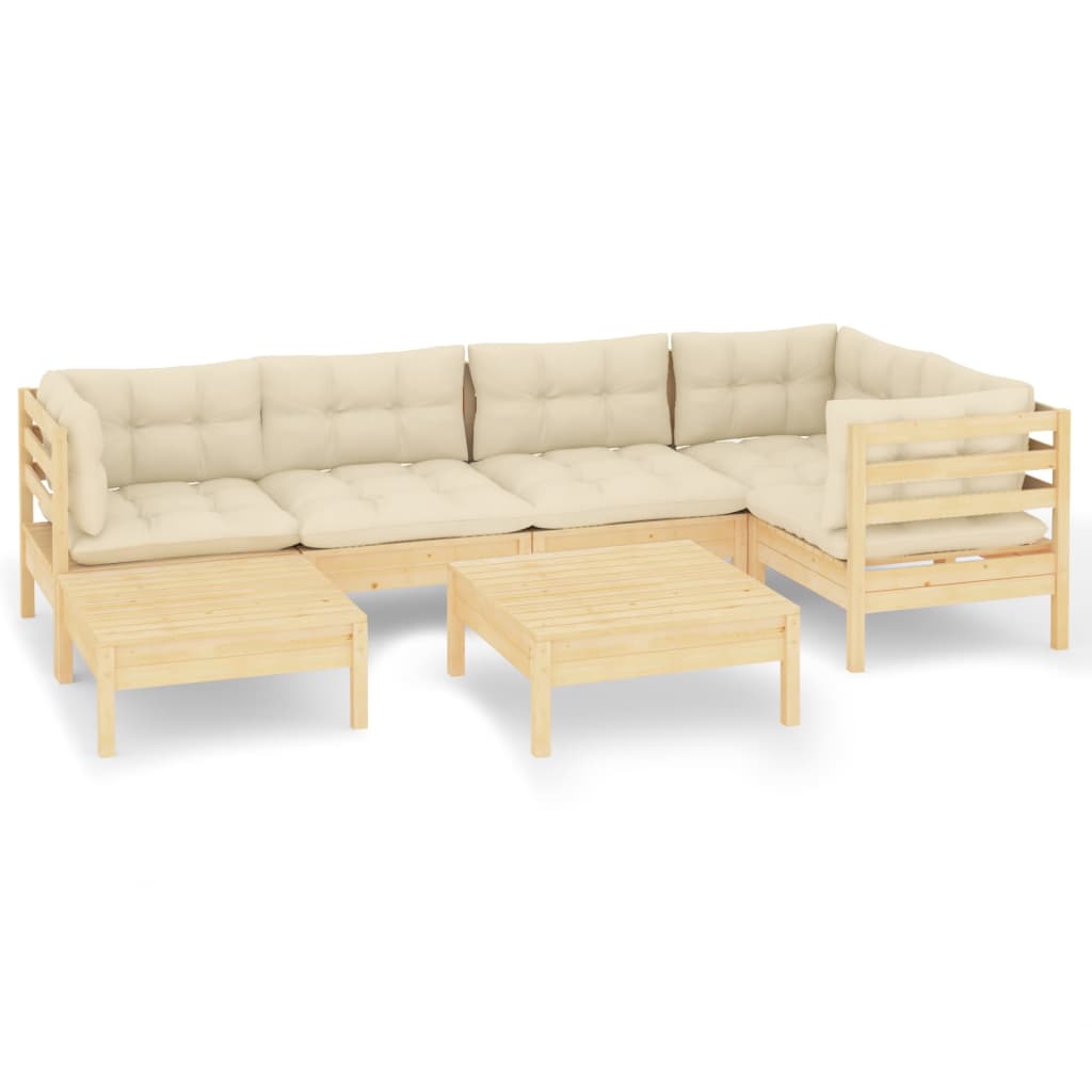 Σαλόνι Κήπου Σετ 7 τεμ. από Μασίφ Ξύλο Πεύκου & Κρεμ Μαξιλάρια - PAKOBAZAAR