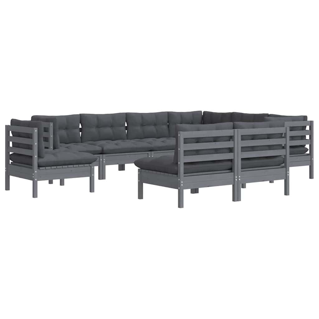 Σαλόνι Κήπου Σετ 9 Τεμαχίων Γκρι Μασίφ Ξύλο Πεύκου με Μαξιλάρια