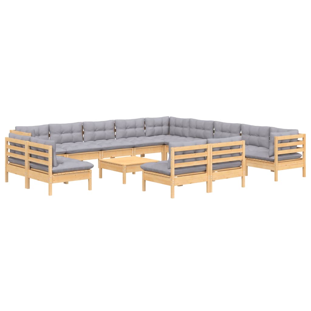 Σαλόνι Κήπου Σετ 14 Τεμ. Μασίφ Ξύλο Πεύκου με Γκρι Μαξιλάρια - PAKOBAZAAR