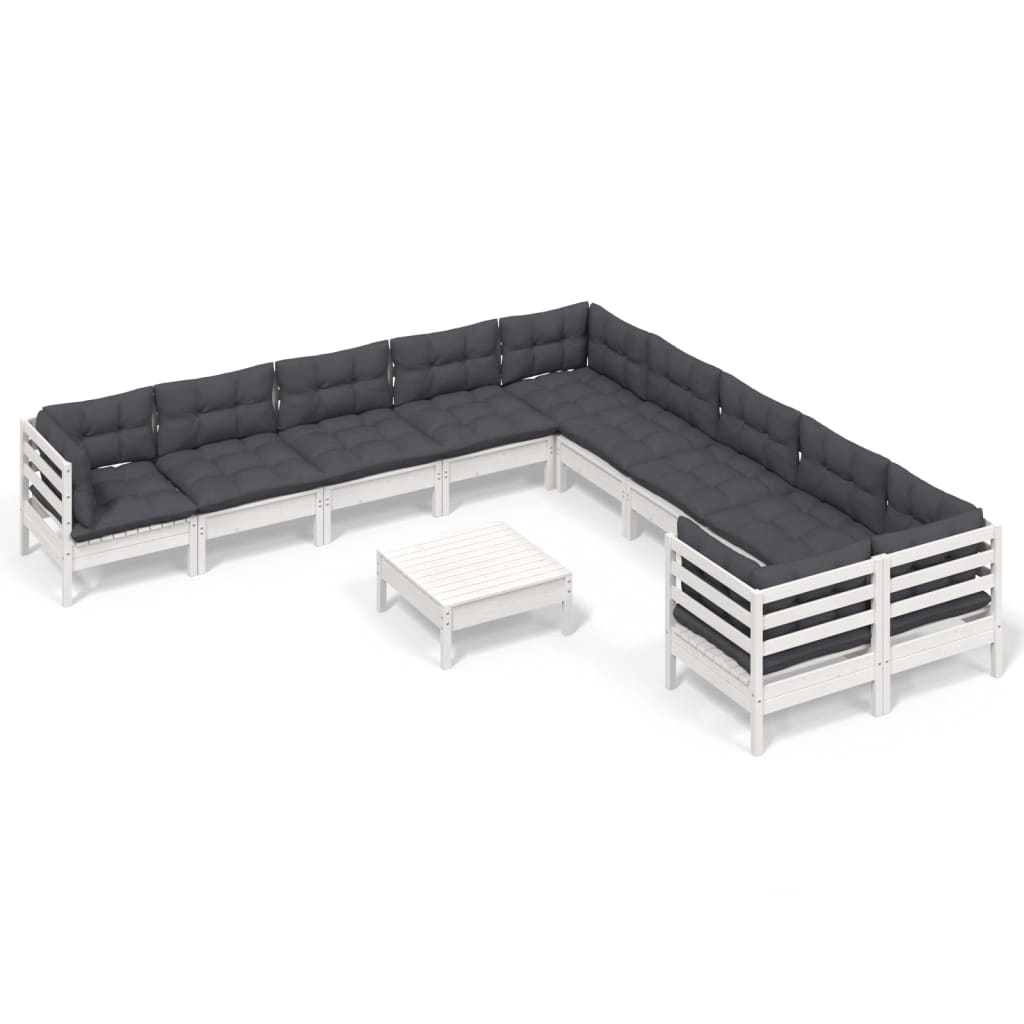 Σαλόνι Κήπου Σετ 11 Τεμαχίων Λευκό από Ξύλο Πεύκου με Μαξιλάρια - PAKOBAZAAR