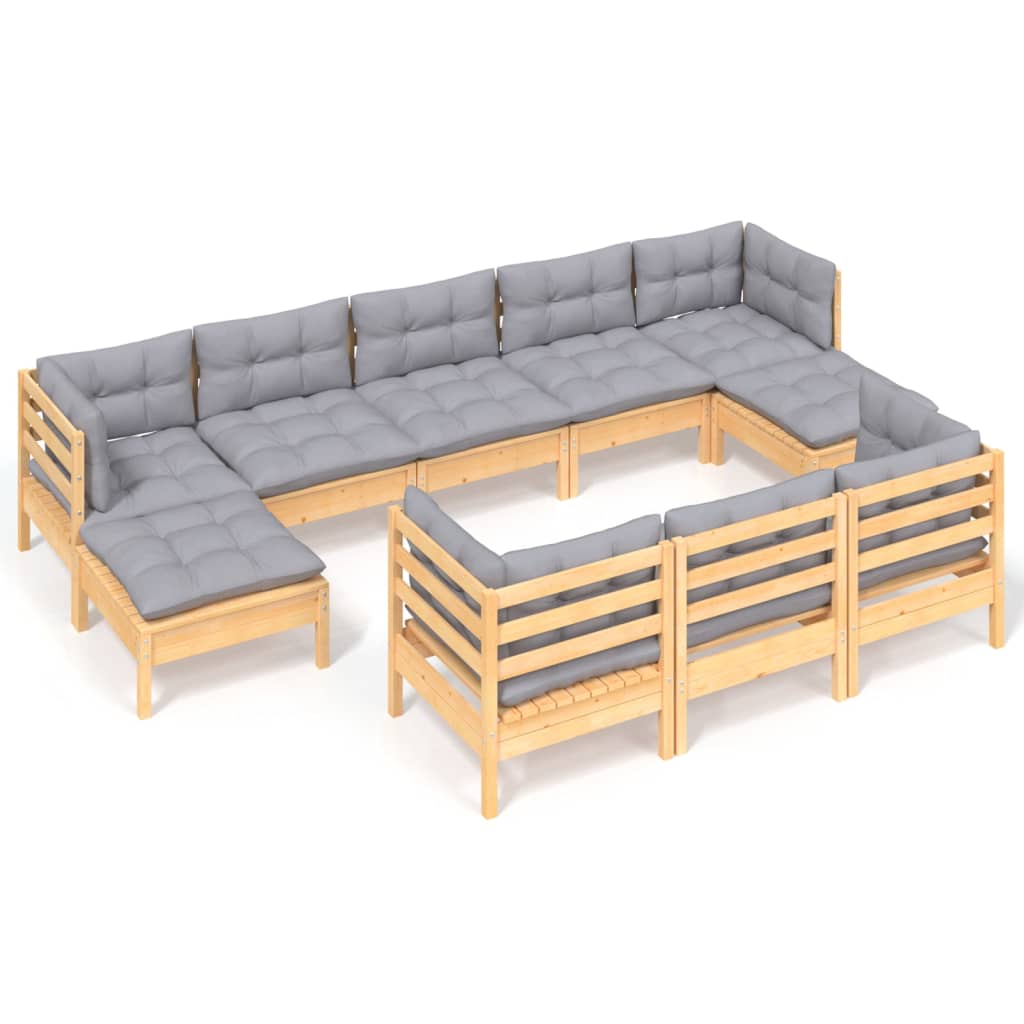 Σαλόνι Κήπου Σετ 10 Τεμαχίων Μασίφ Ξύλο Πεύκου με Γκρι Μαξιλάρια - PAKOBAZAAR