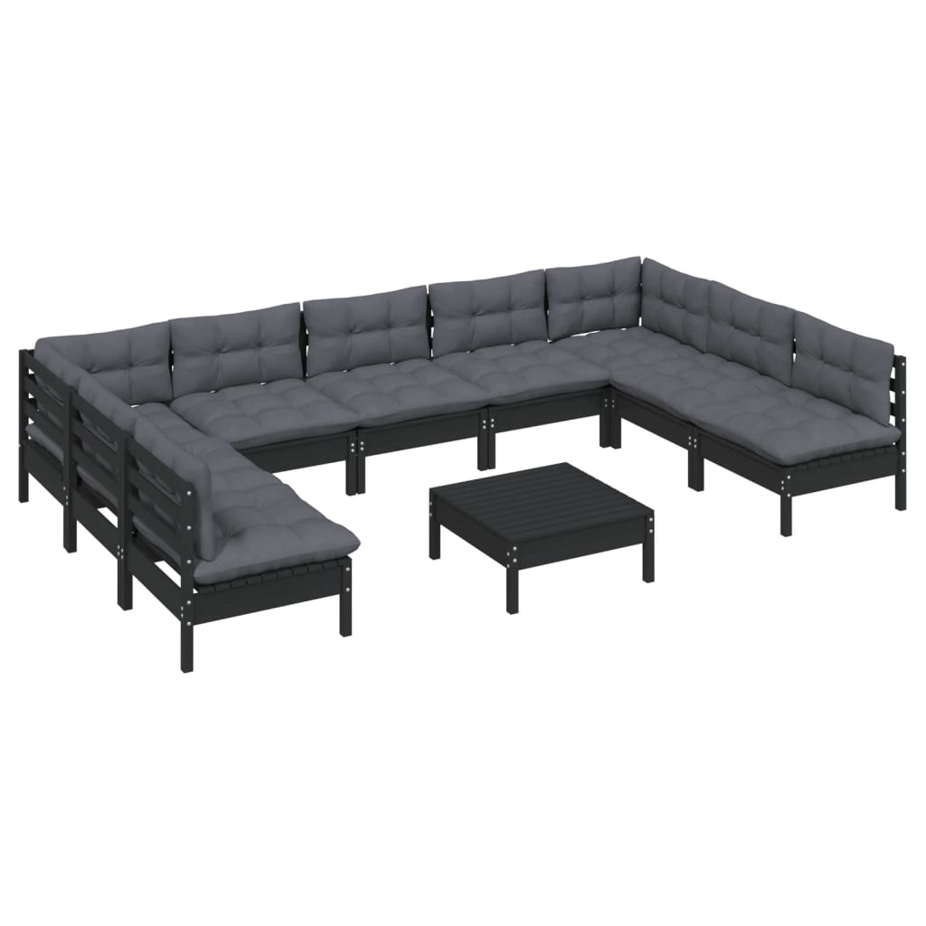 Σαλόνι Κήπου Σετ 10 τεμ. Μαύρο Μασίφ Ξύλο Πεύκου & Μαξιλάρια - PAKOBAZAAR