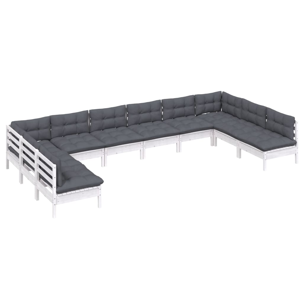 Σαλόνι Κήπου Σετ 10 Τεμ. Λευκό Μασίφ Ξύλο Πεύκου & Μαξιλάρια - PAKOBAZAAR