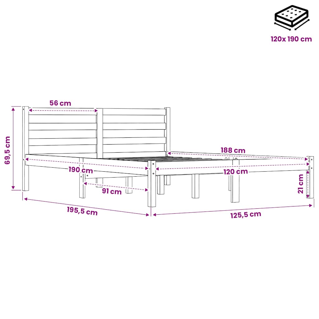 Πλαίσιο Κρεβατιού Γκρι 120 x 190 εκ. Μασίφ Πεύκο Small Double