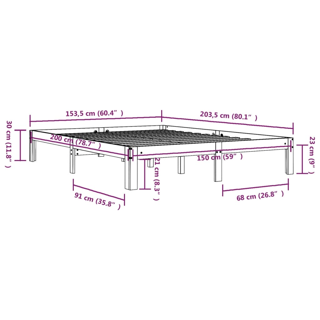 Πλαίσιο Κρεβατιού Μαύρο 150 x 200 εκ. Μασίφ Ξύλο King Size