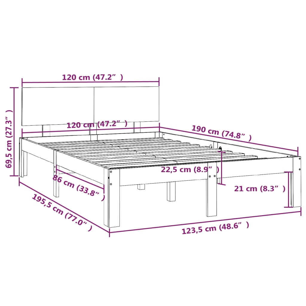 Πλαίσιο Κρεβατιού Γκρι 120x190 εκ. Μασίφ Ξύλο Small Double