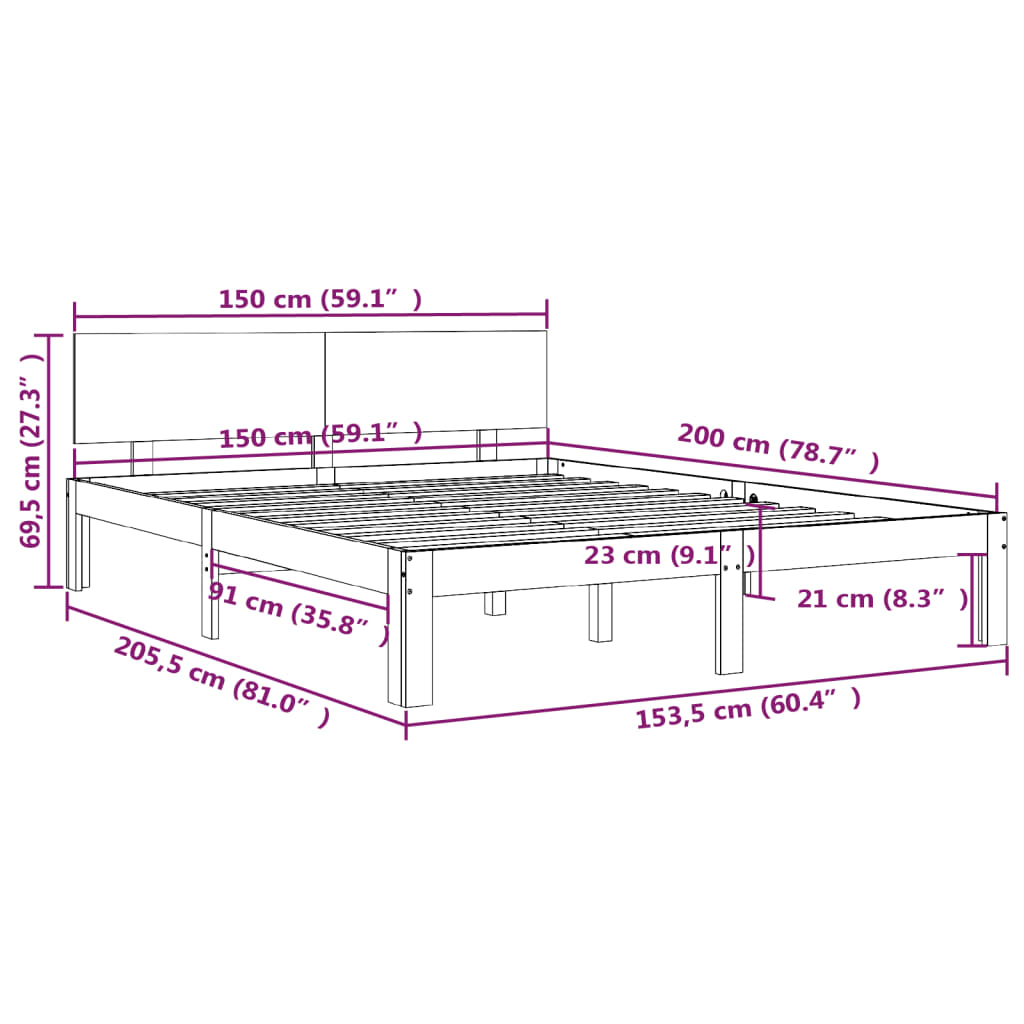 Πλαίσιο Κρεβατιού Γκρι 150 x 200 εκ. Μασίφ Ξύλο King Size