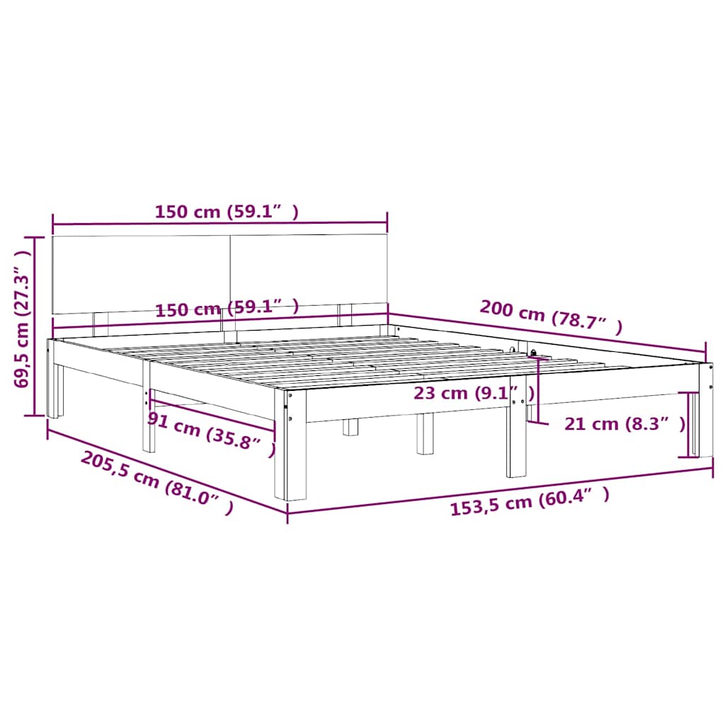 Πλαίσιο Κρεβατιού Μαύρο 150 x 200 εκ. Μασίφ Ξύλο King Size