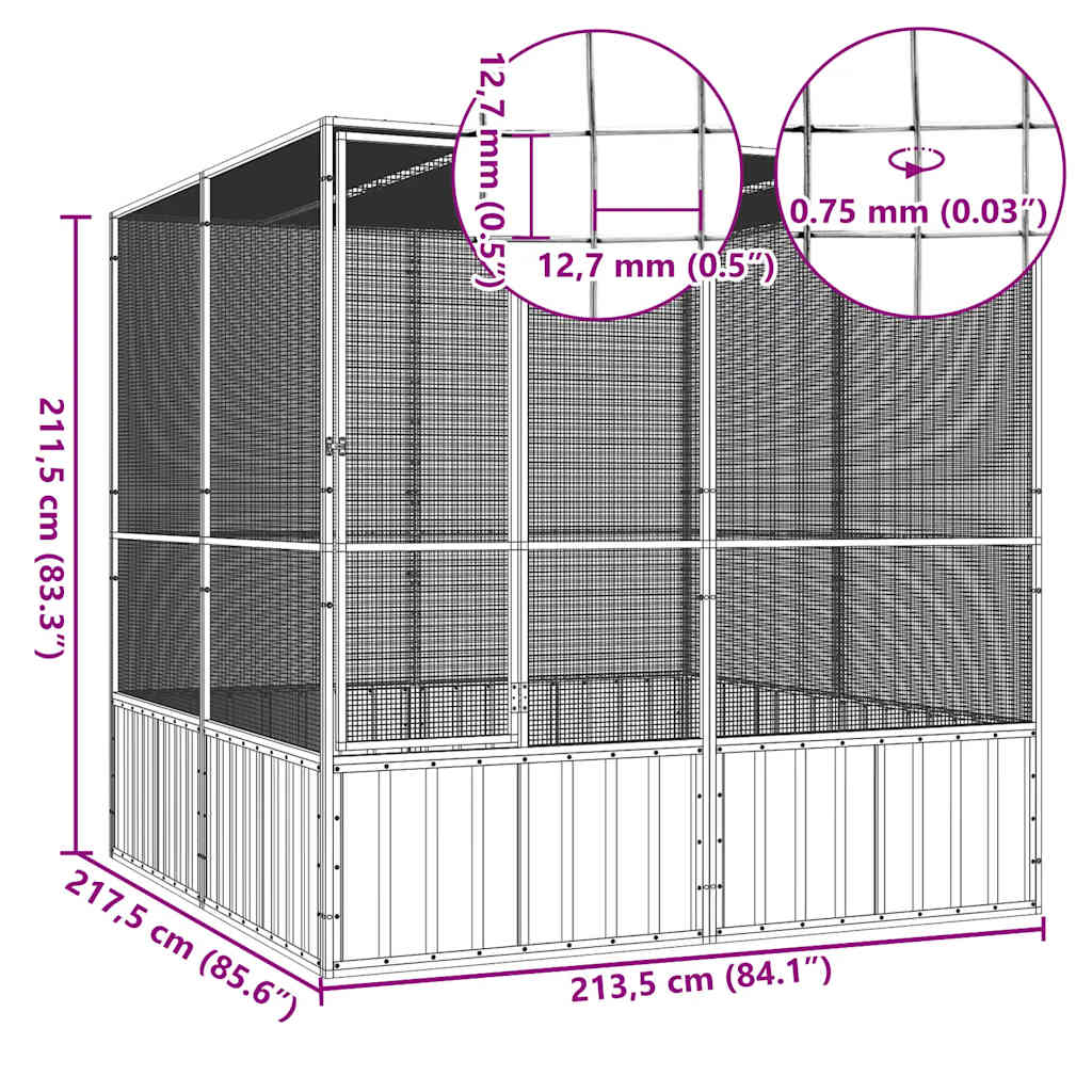Κλουβί Πουλιών Γκρι 213,5x217,5x211,5εκ από Γαλβανισμένο Χάλυβα - PAKOBAZAAR