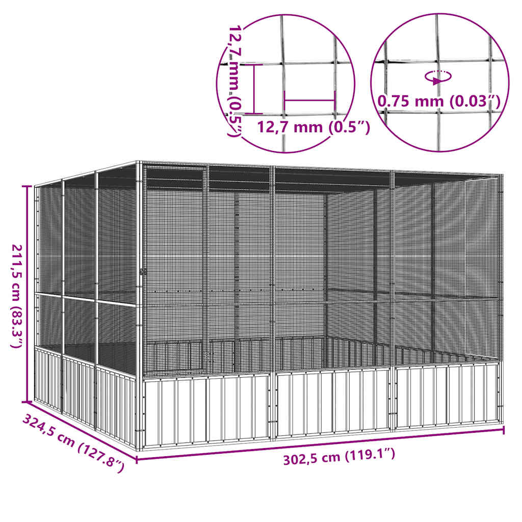 Κλουβί Πουλιών Γκρι 302,5x324,5x211,5 εκ Γαλβανισμένο Χάλυβα - PAKOBAZAAR
