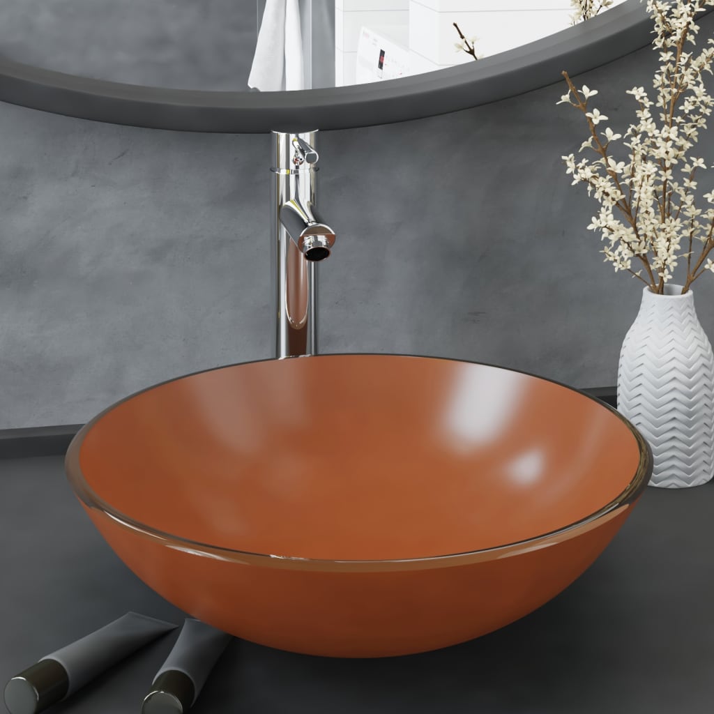 Νιπτήρας Μπάνιου με Βρύση& Βαλβίδα Πατητή από Ψημ. Γυαλί Καφέ - PAKOBAZAAR