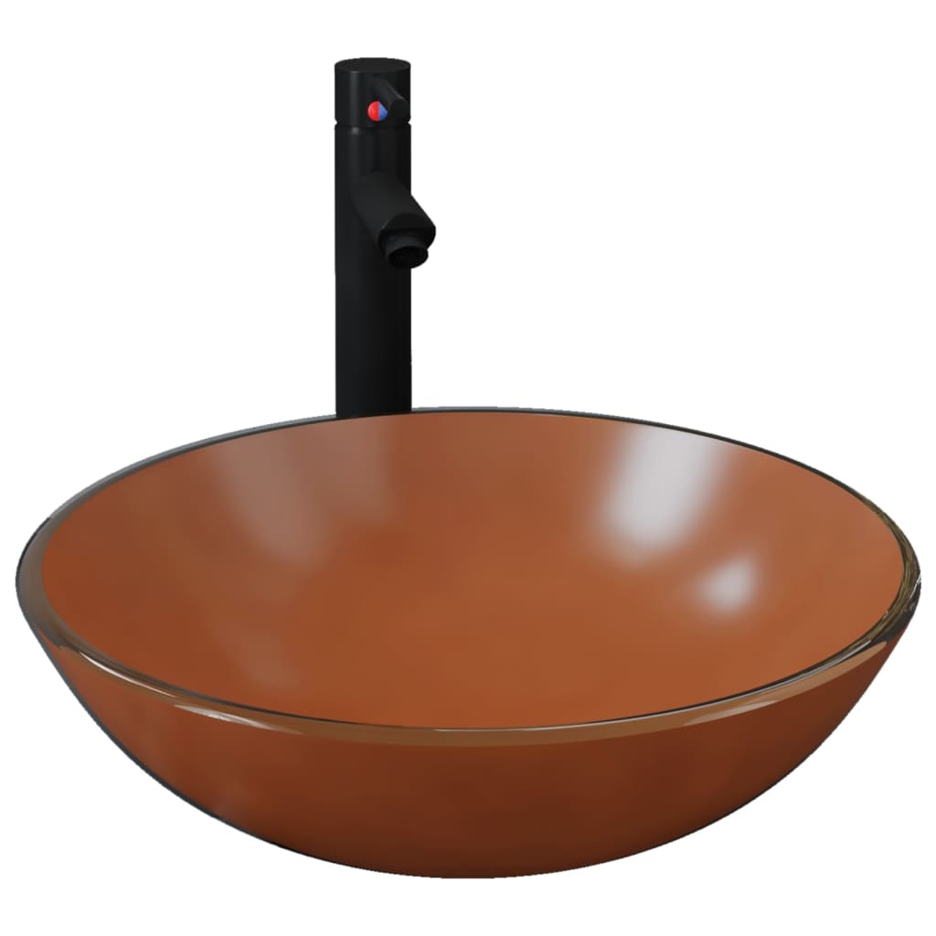 Νιπτήρας Μπάνιου με Βρύση& Βαλβίδα Πατητή από Ψημ. Γυαλί Καφέ - PAKOBAZAAR