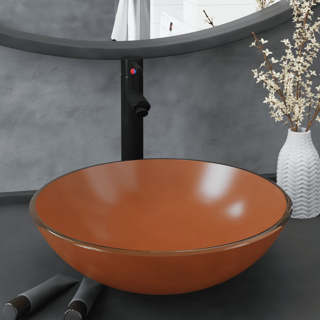 Νιπτήρας Μπάνιου με Βρύση& Βαλβίδα Πατητή από Ψημ. Γυαλί Καφέ - PAKOBAZAAR