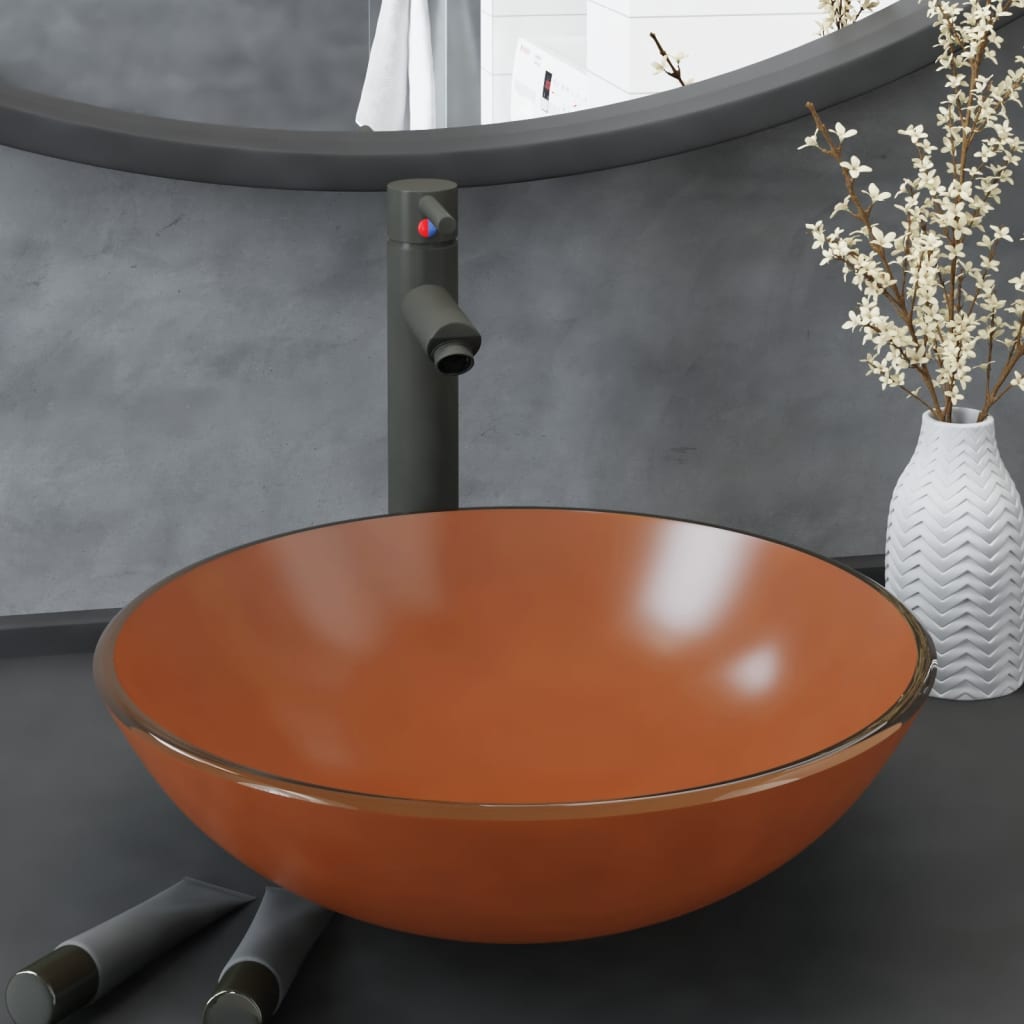 Νιπτήρας Μπάνιου με Βρύση& Βαλβίδα Πατητή από Ψημ. Γυαλί Καφέ - PAKOBAZAAR