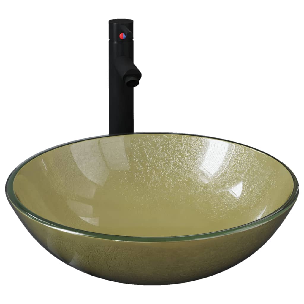 Νιπτήρας Μπάνιου με Βρύση& Βαλβίδα Πατητή από Ψημ. Γυαλί Χρυσός - Pakobazaar