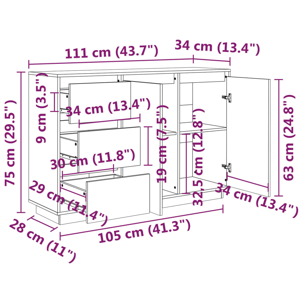 Μπουφές με Συρτάρια Καφέ Μελί 111x34x75 εκ. Μασίφ Ξύλο Πεύκου