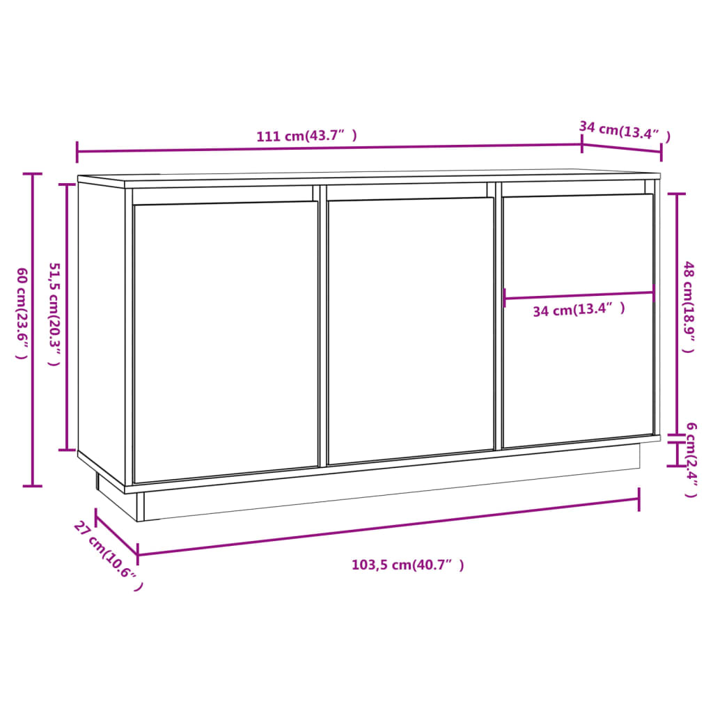 Μπουφές με Συρτάρια Μαύρος 111x34x60 εκ. από Μασίφ Ξύλο Πεύκου