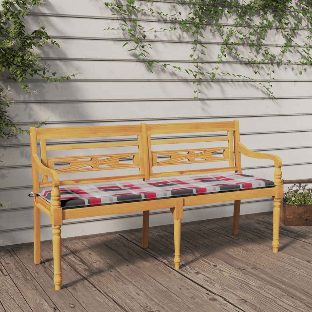 Παγκάκι Batavia 150 εκ. Μασίφ Ξύλο Teak & Κόκκινο Καρό Μαξιλάρι - Pakobazaar