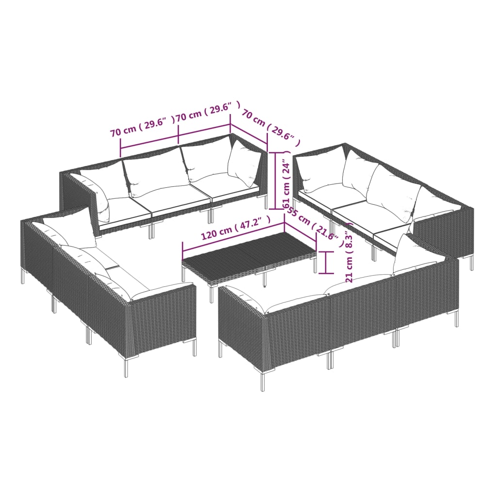 Σαλόνι Κήπου 13 τεμ. Σκούρο Γκρι Συνθετ. Ρατάν με Μαξιλάρια - PAKOBAZAAR