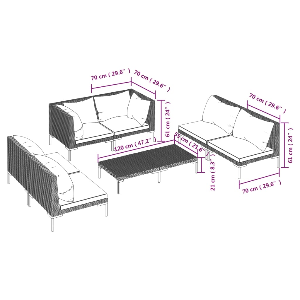 Σετ Σαλονιού Κήπου 7 τεμ. Σκ. Γκρι από Συνθ. Ρατάν με Μαξιλάρια - PAKOBAZAAR
