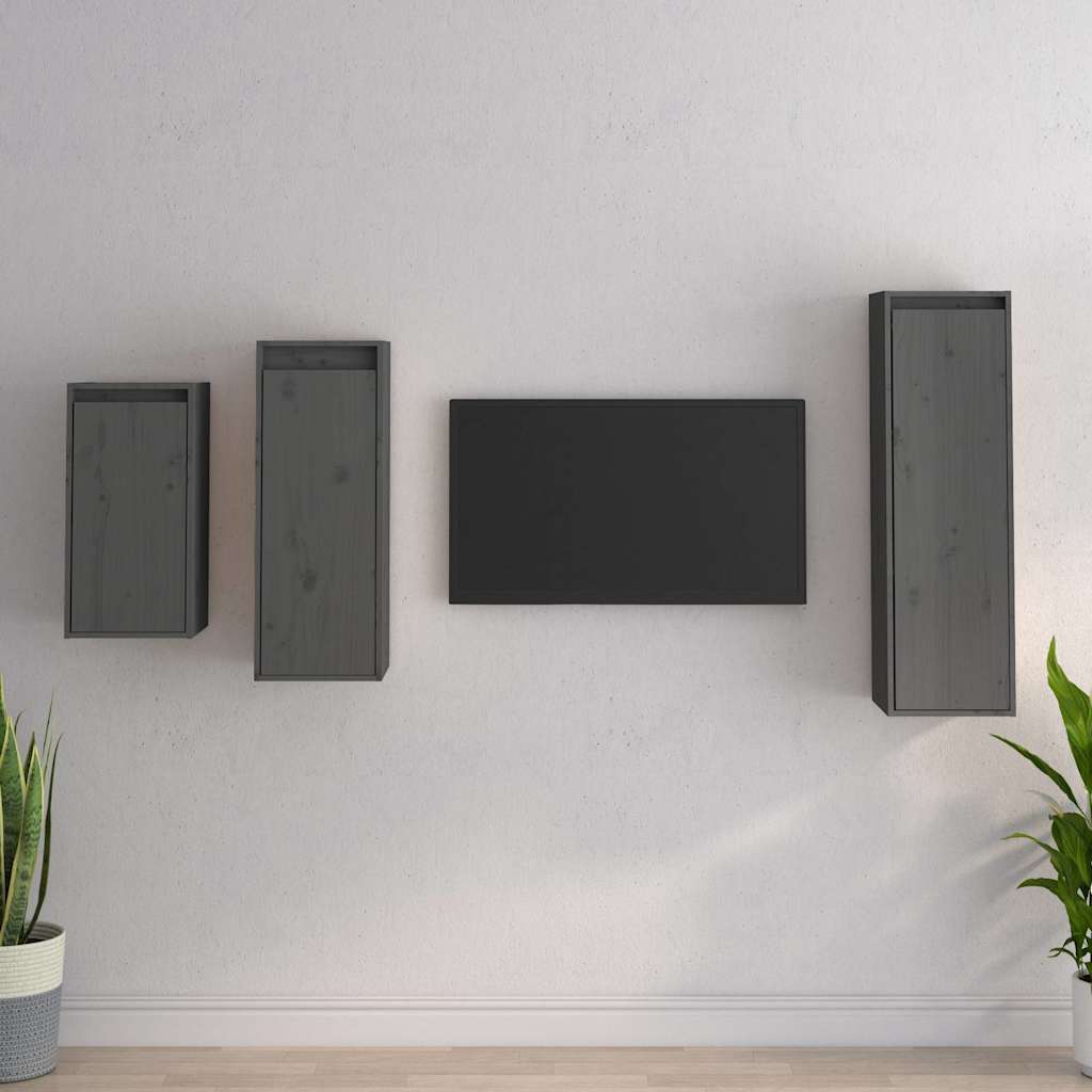 Έπιπλα Τηλεόρασης 3 τεμ. Γκρι από Μασίφ Ξύλο Πεύκου