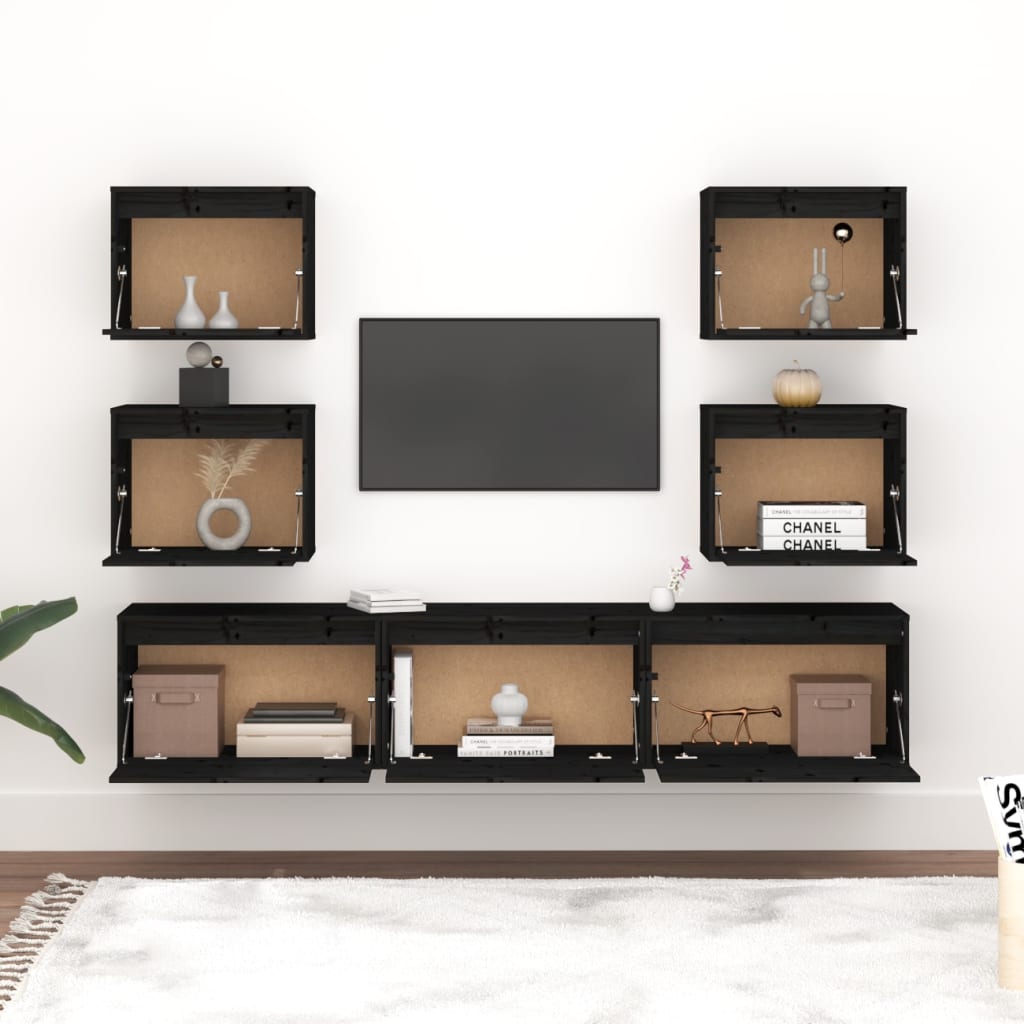 Έπιπλα Τηλεόρασης 7 τεμ. Μαύρα από Μασίφ Ξύλο Πεύκου - PAKOBAZAAR