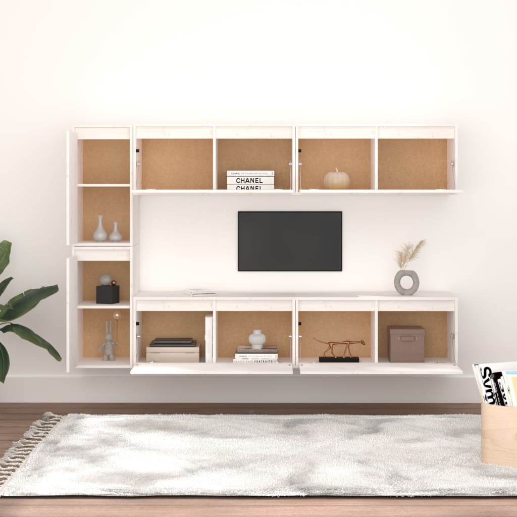 Έπιπλα Τηλεόρασης 6 τεμ. Λευκά από Μασίφ Ξύλο Πεύκου - PAKOBAZAAR