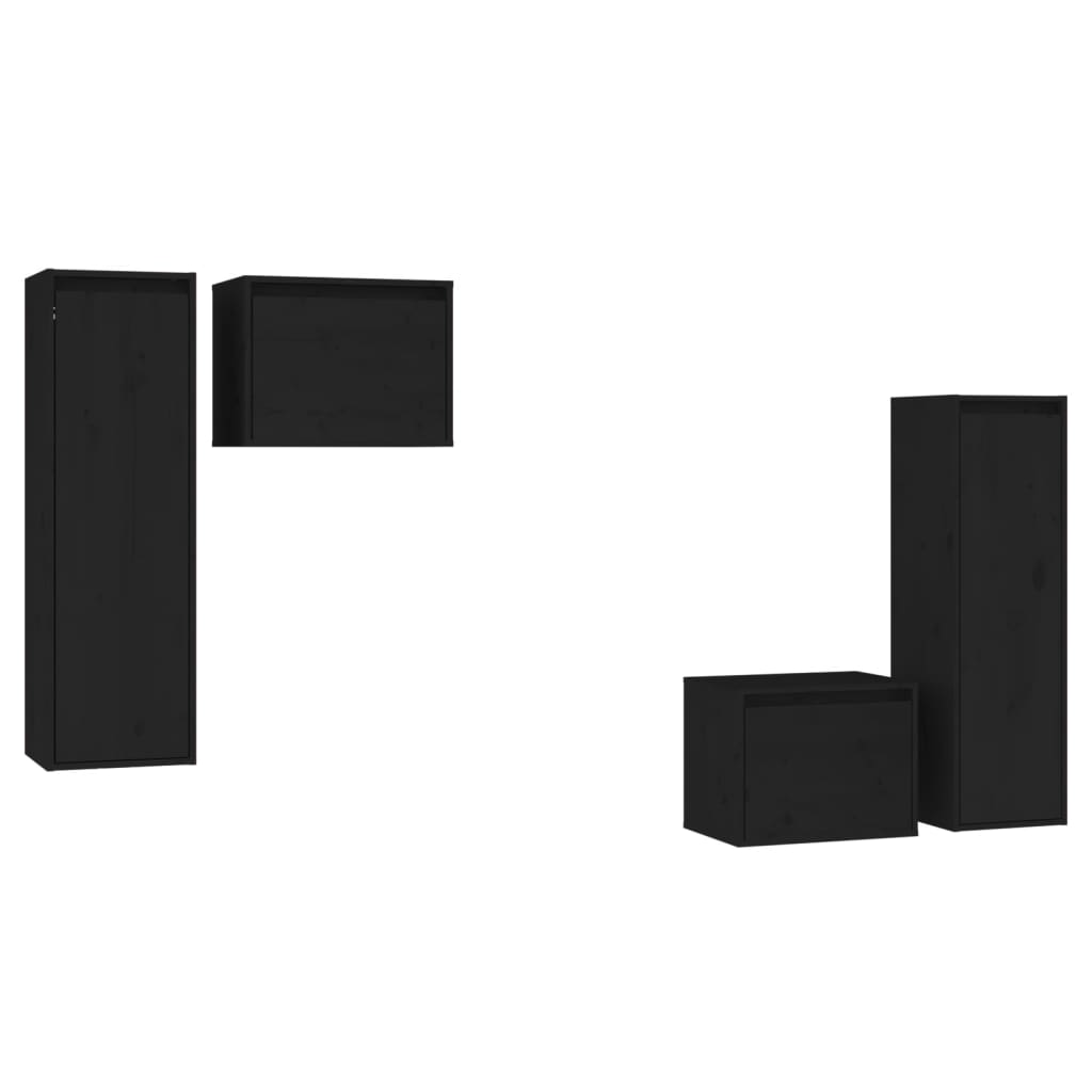 Έπιπλα Τηλεόρασης 4 τεμ. Μαύρα από Μασίφ Ξύλο Πεύκου - PAKOBAZAAR