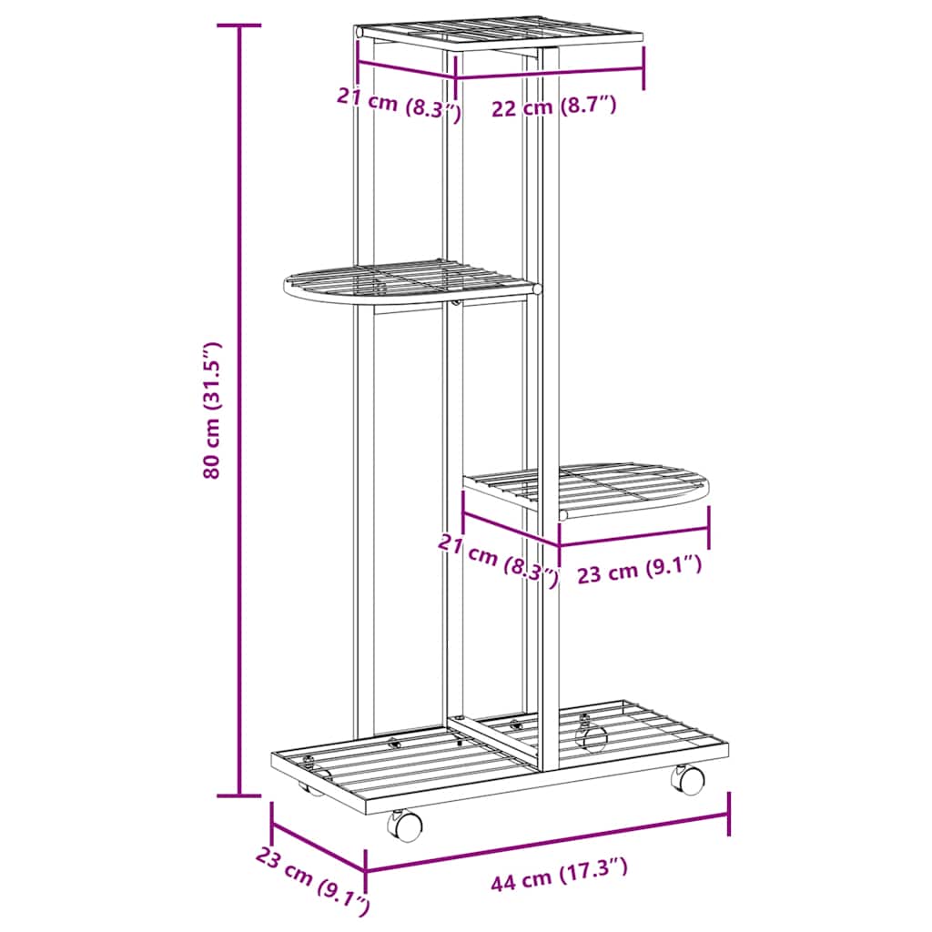 Βάση Λουλουδιών 4 Επιπέδων με Ρόδες 44x23x80 εκ. Μαύρη Σίδερο - Pakobazaar