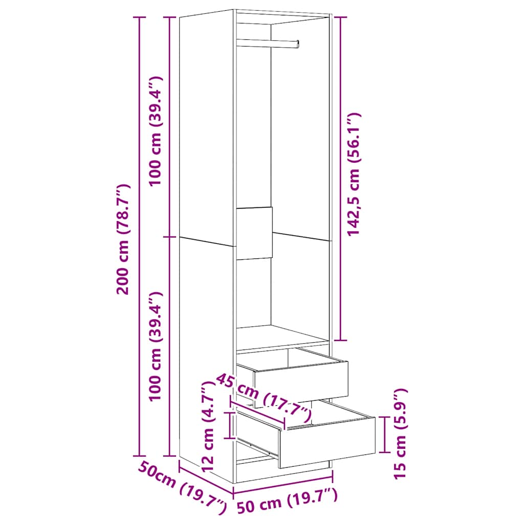 Ντουλάπα με Συρτάρια Καφέ Δρυς 50x50x200 εκ. Επεξεργασμένο Ξύλο