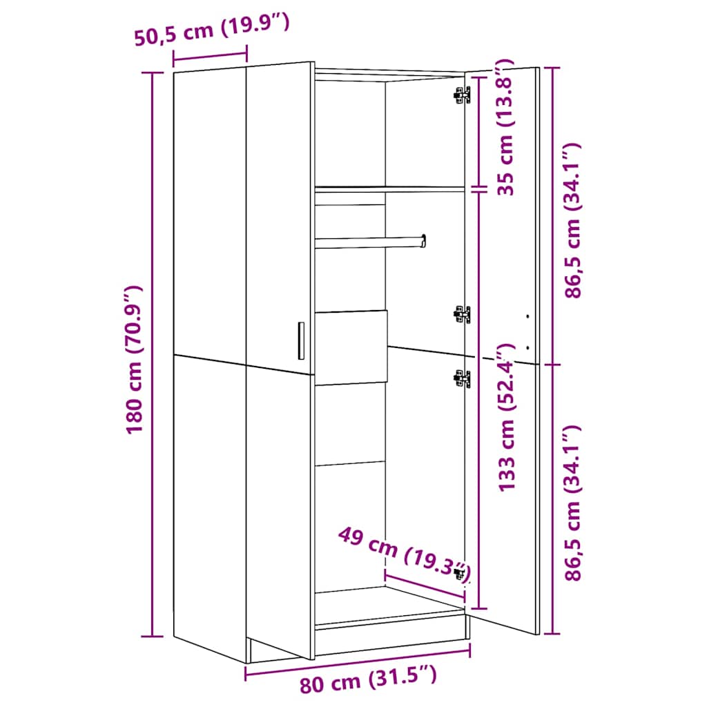 Ντουλάπα Καφέ Δρυς 80 x 52 x 180 εκ. από Επεξεργασμένο Ξύλο