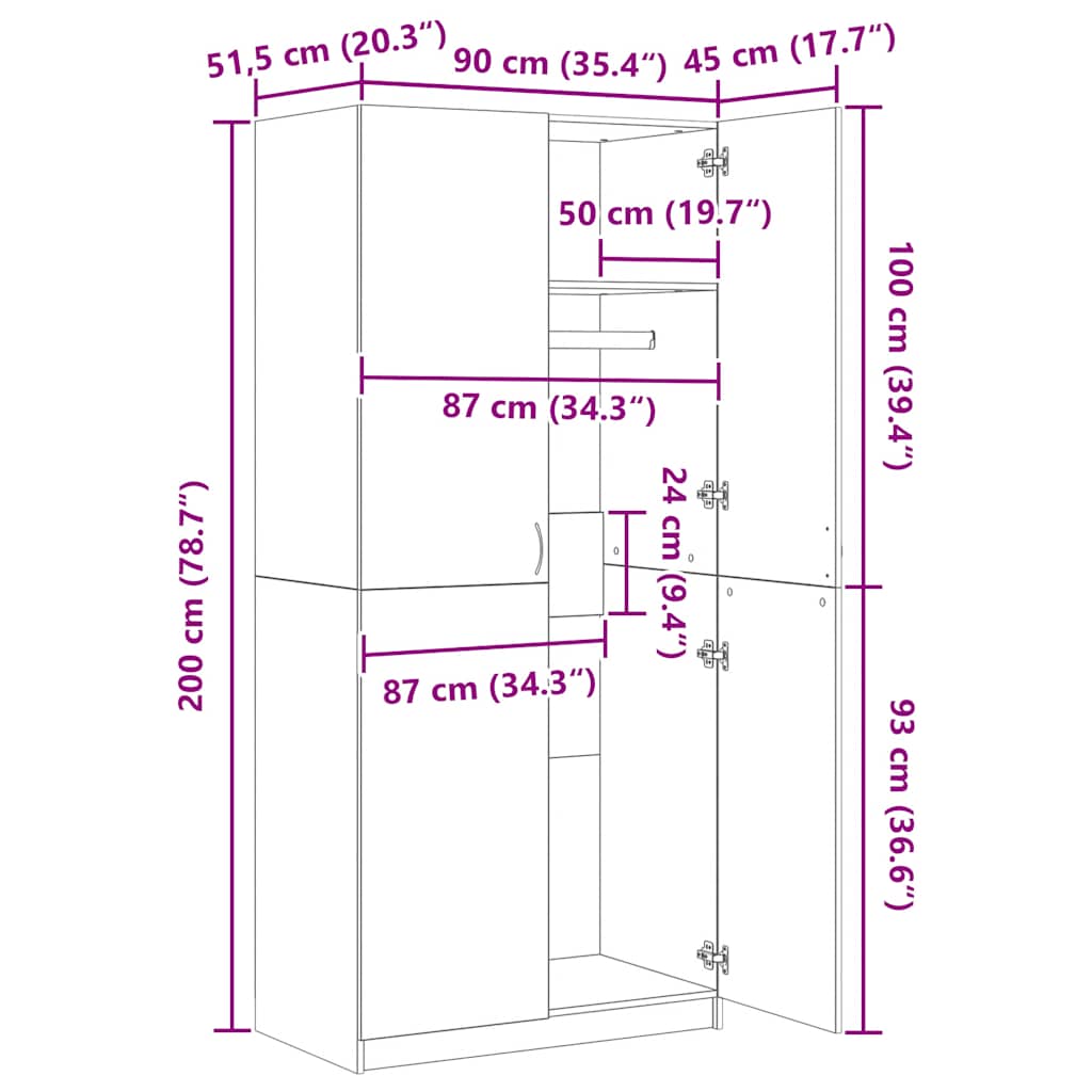 Ντουλάπα Γκρι Sonoma 90 x 52 x 200 εκ. από Επεξεργασμένο Ξύλο - Pakobazaar