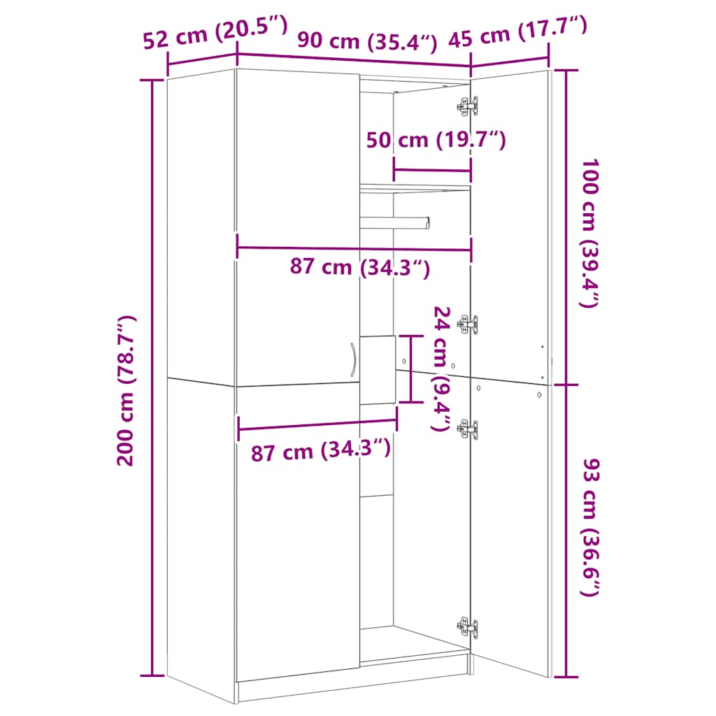 Ντουλάπα Γκρι Sonoma 90 x 52 x 200 εκ. από Επεξεργασμένο Ξύλο - Pakobazaar