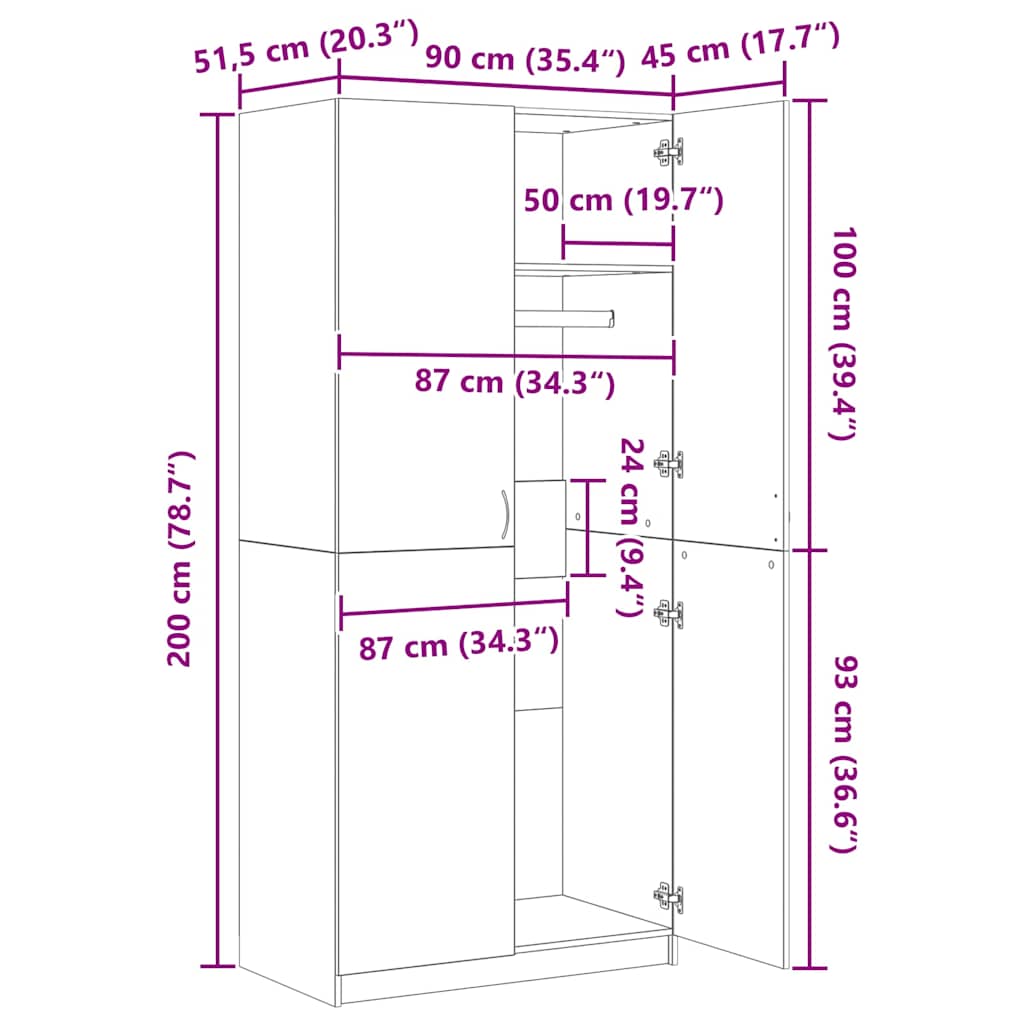 Ντουλάπα Καφέ Δρυς 90 x 52 x 200 εκ. από Επεξεργασμένο Ξύλο