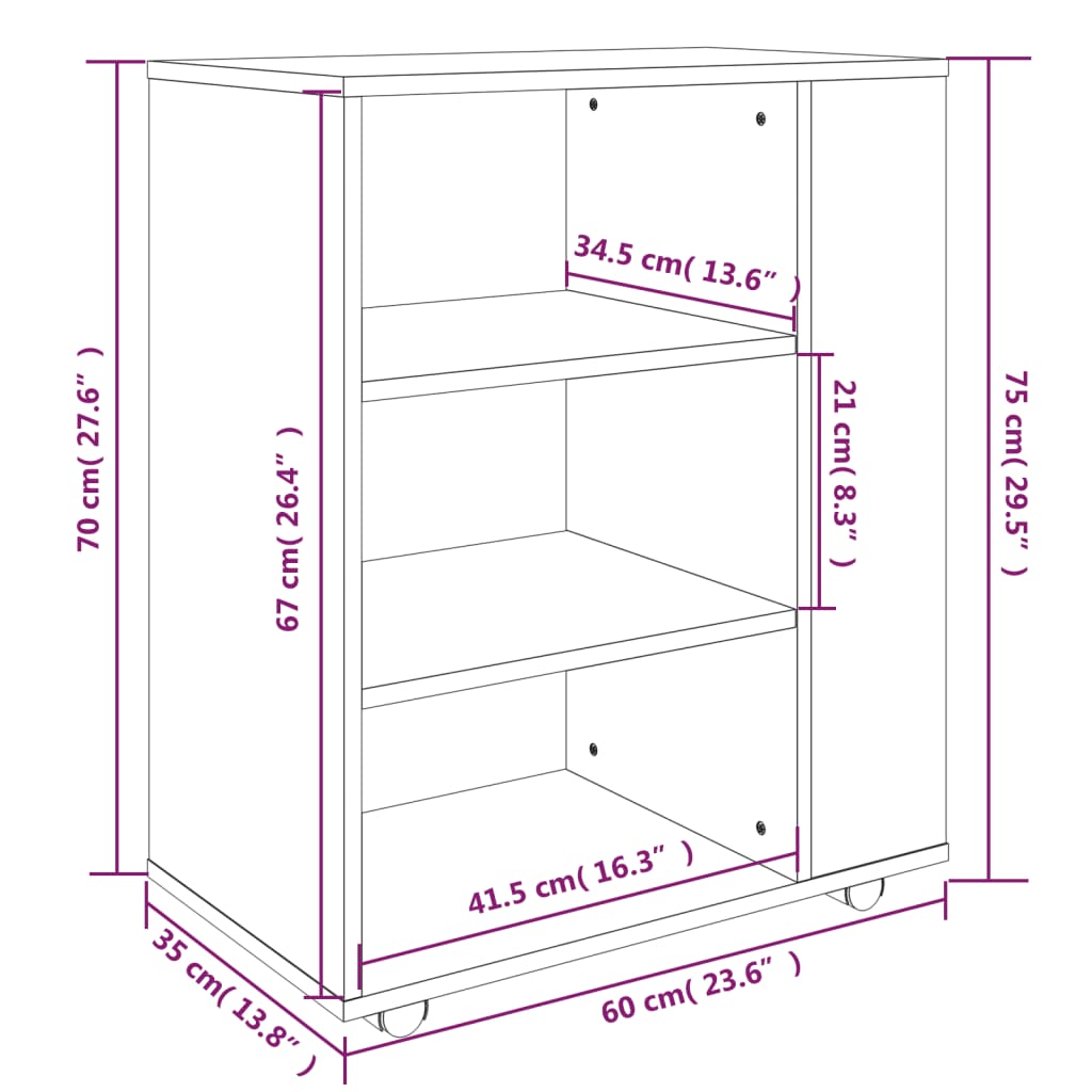 Ντουλάπι Με Ροδάκια Γκρι Sonoma 60 x 35 x 75 εκ. Επεξεργ. Ξύλο