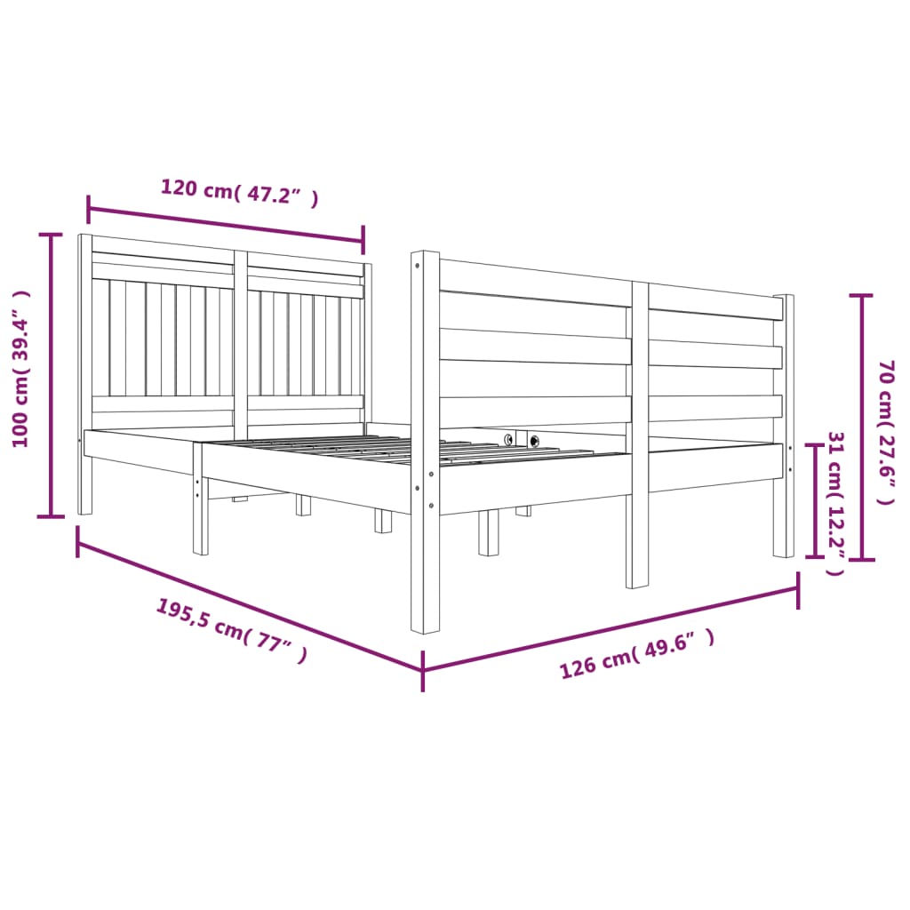 Πλαίσιο Κρεβατιού Μαύρο 120 x 190 εκ. Μασίφ Ξύλο Small Double - Pakobazaar