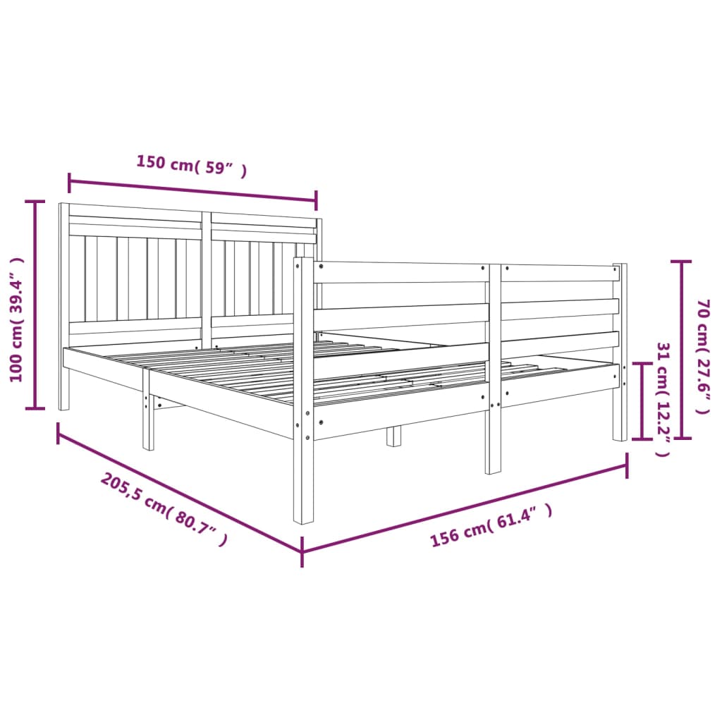 Πλαίσιο Κρεβατιού Μαύρο 150 x 200 εκ. Μασίφ Ξύλο King Size