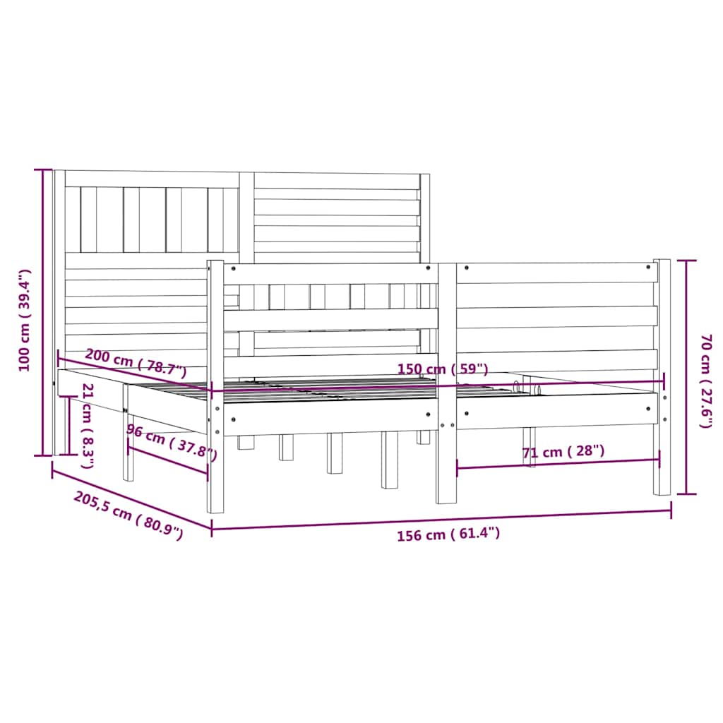 Πλαίσιο Κρεβατιού Μαύρο 150 x 200 εκ. Μασίφ Ξύλο King Size
