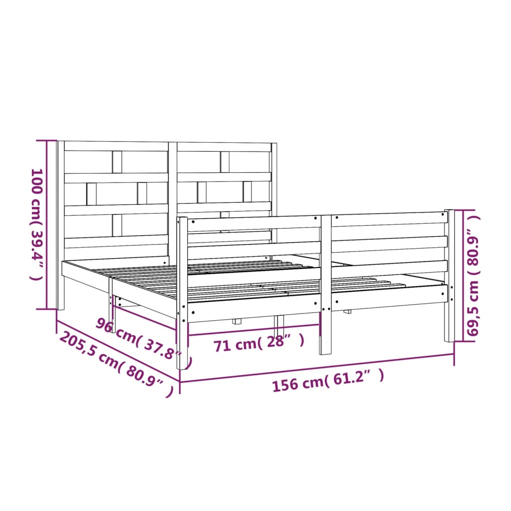 Πλαίσιο Κρεβατιού Μαύρο 150 x 200 εκ. Μασίφ Ξύλο King Size