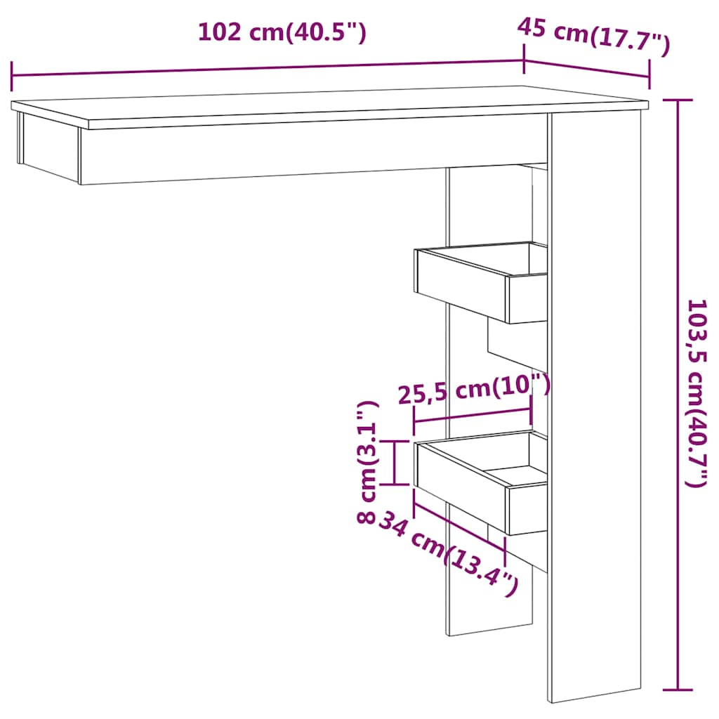 Τραπέζι Μπαρ Τοίχου Καφέ Δρυς 102x45x103,5 εκ. Επεξεργ. Ξύλο