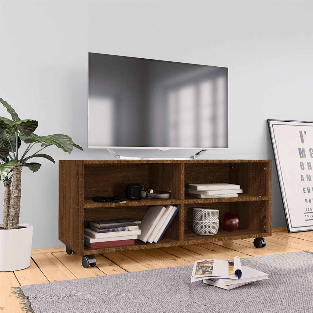 Έπιπλο Τηλεόρασης με Ροδάκια Καφέ Δρυς 90x35x35 εκ. Επεξ. Ξύλο