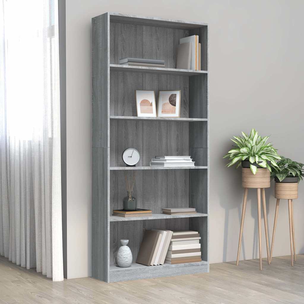 Βιβλιοθήκη με 5 Ράφια Γκρι Sonoma 80x24x175 εκ. Επεξεργ. Ξύλο - Pakobazaar