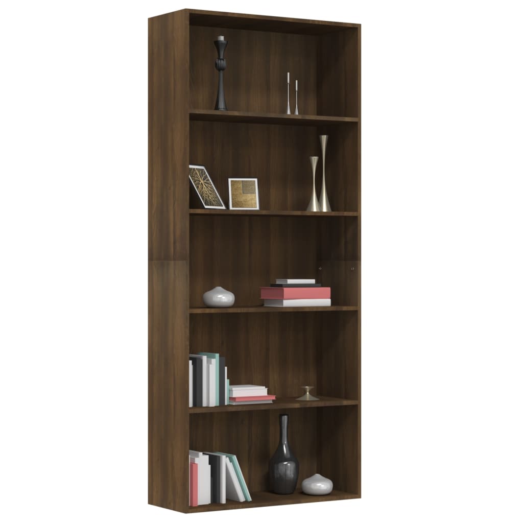 Βιβλιοθήκη με 5 Ράφια Καφέ Δρυς 80x30x189 εκ. Επεξεργ. Ξύλο