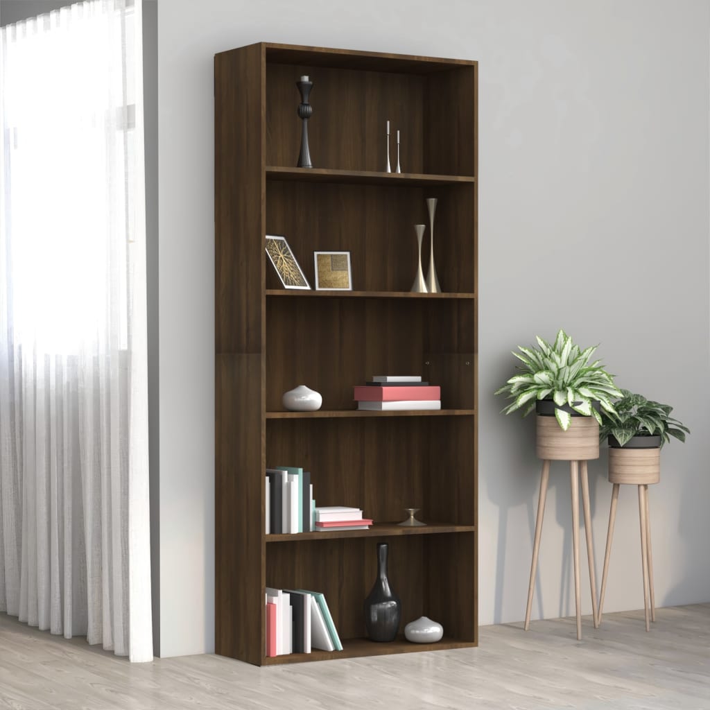 Βιβλιοθήκη με 5 Ράφια Καφέ Δρυς 80x30x189 εκ. Επεξεργ. Ξύλο