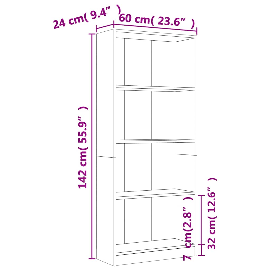 Βιβλιοθήκη με 4 Ράφια Καπνιστή Δρυς 60x24x142 εκ. Επεξεργ. Ξύλο