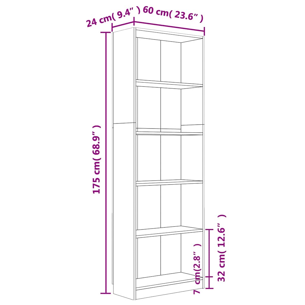 Βιβλιοθήκη με 5 Ράφια Γκρι Sonoma 60x24x175 εκ. Επεξεργ. Ξύλο