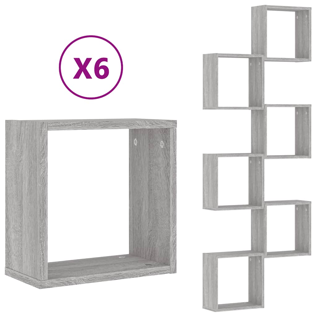 Ράφια Τοίχου Κύβοι 6 τεμ. Γκρι Sonoma 30x15x30 εκ. - Pakobazaar