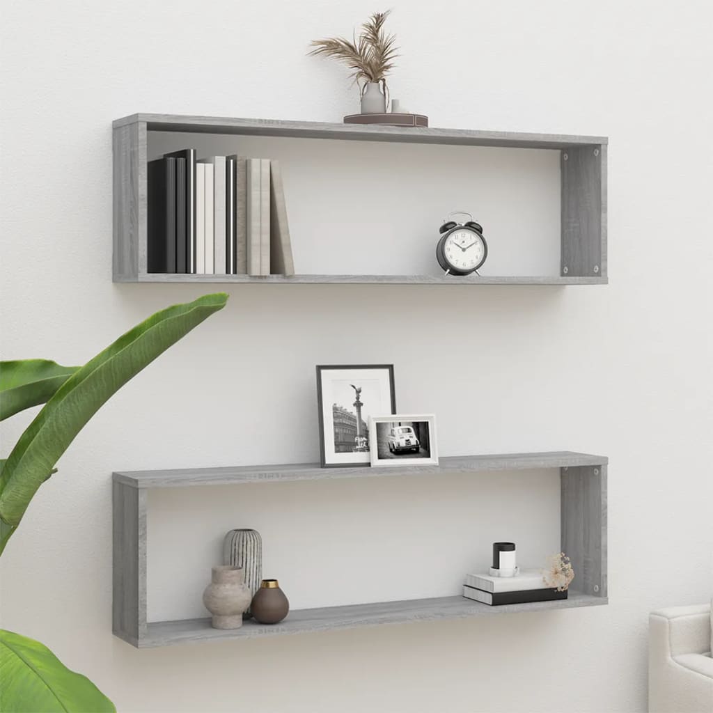 Ραφιέρες Τοίχου Κύβος 2 τεμ Γκρι Sonoma 100x15x30εκ. Επεξ. Ξύλο - Pakobazaar