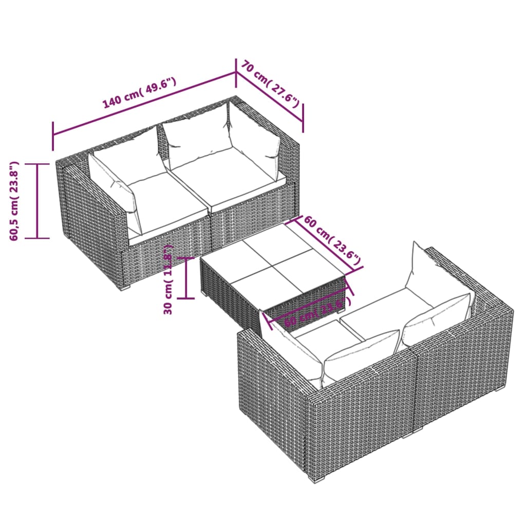 Σαλόνι Κήπου 5 Τεμαχίων Μαύρο Συνθετικό Ρατάν με Μαξιλάρια - PAKOBAZAAR